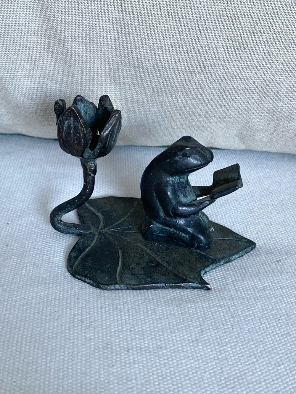 Vintage Cast Bronze Reading Frog Candlestick Holder - Verdigris Patina